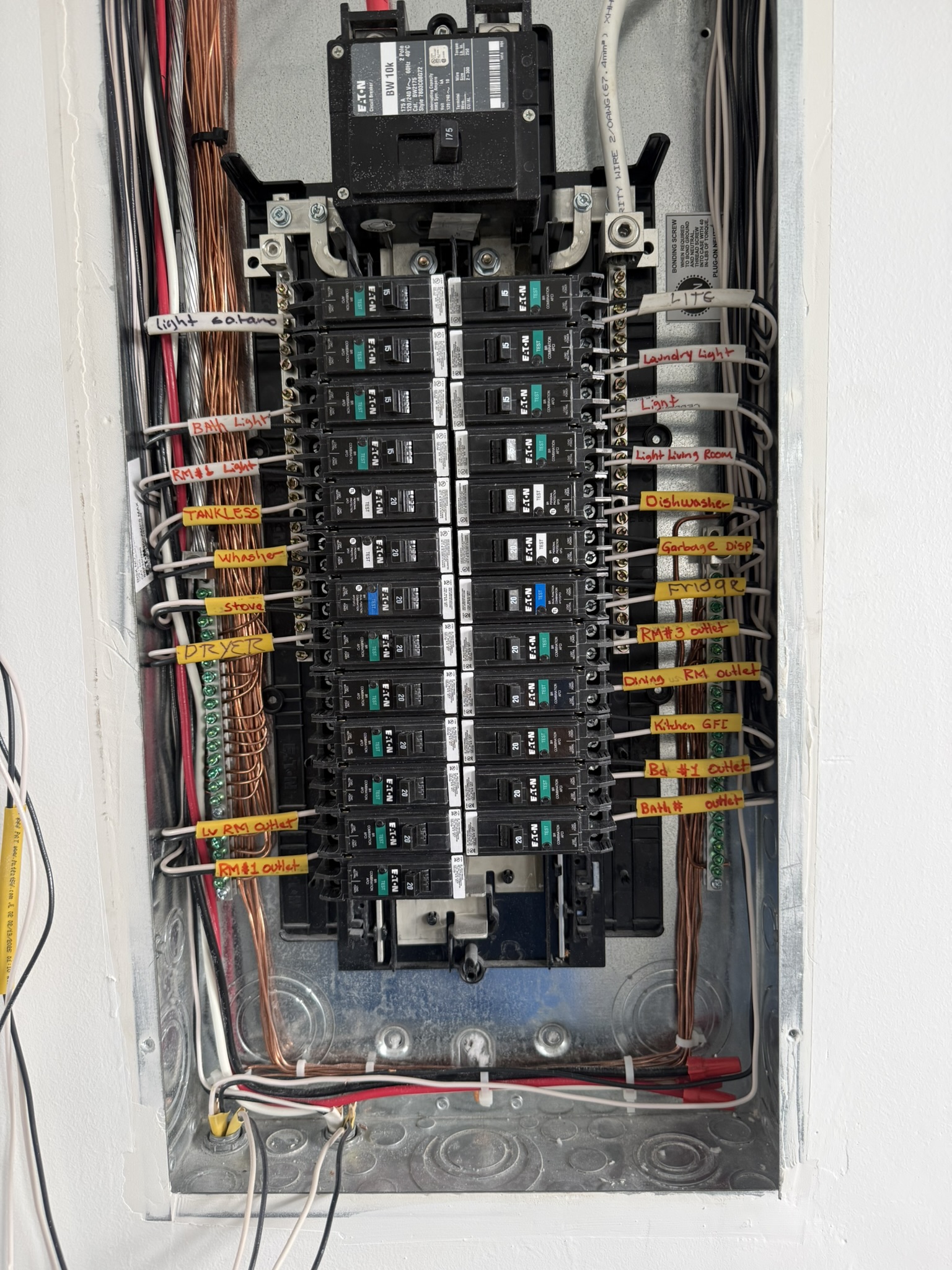 Branch circuits and labeled wiring inside an electrical panel.